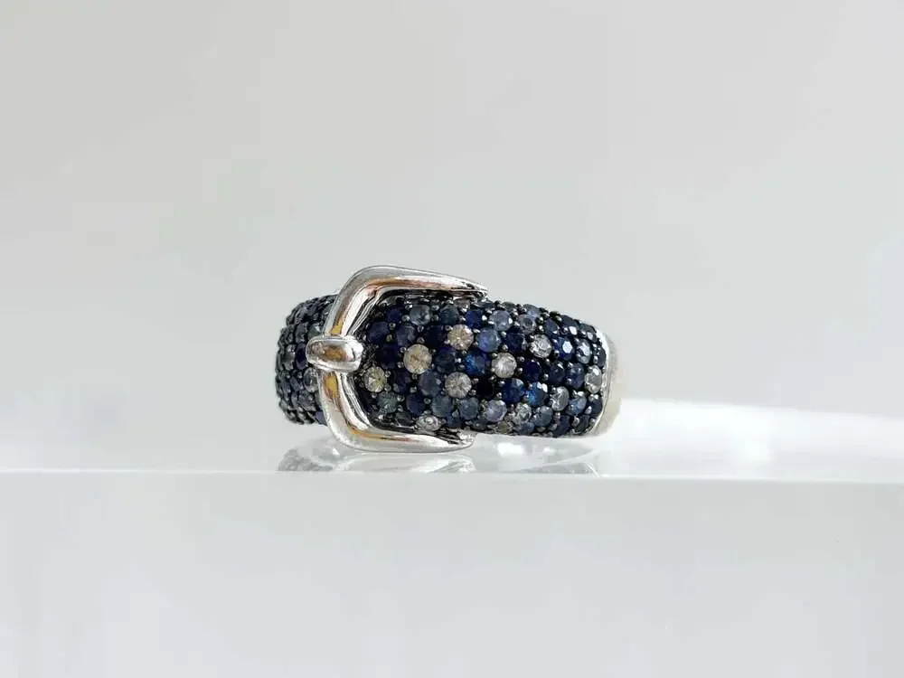 Belt Buckle Multi Shade Blue Topaz Cluster Round Cut Gemstone Sterling Silver 92